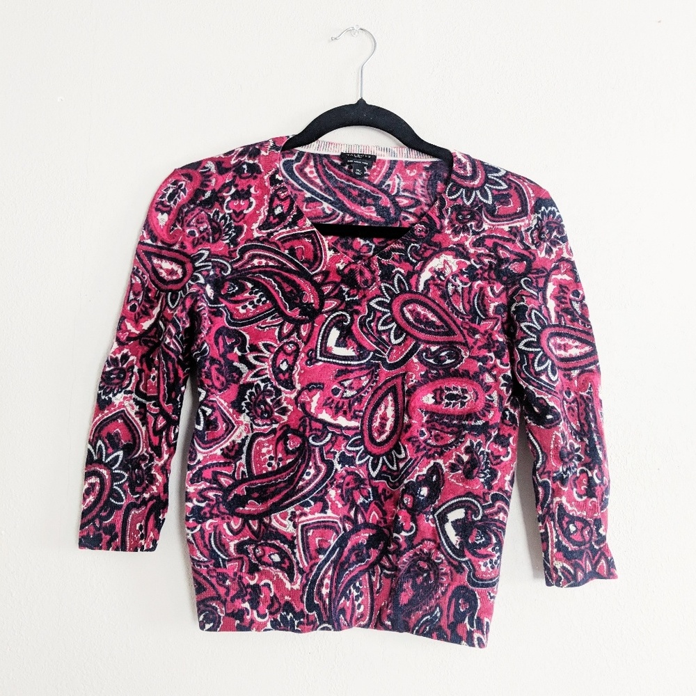 Talbots Wool Pink & Navy Paisley Pullover Sweater